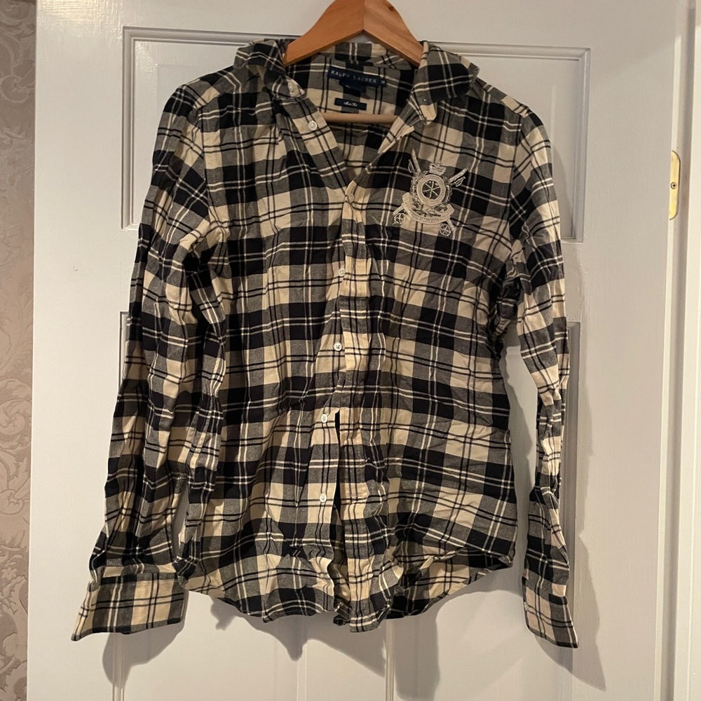 Ralph Lauren Black and Cream Plaid Shirt Flannel Crest  Blouse 14 Blue Label